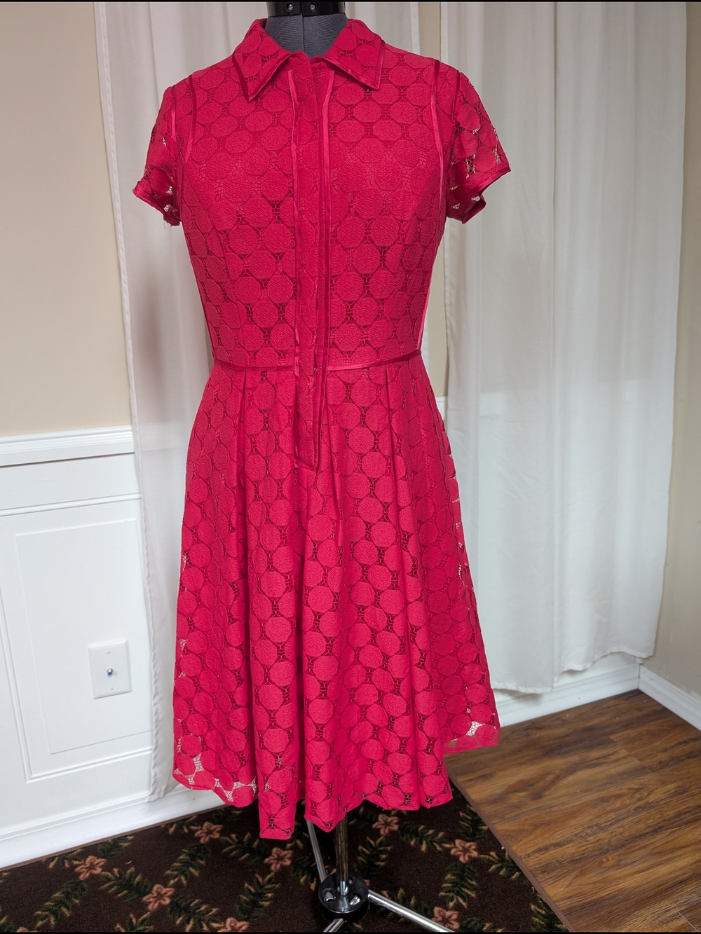 Adrianna Papell Hot Pink Lace Midi Dress with Collar